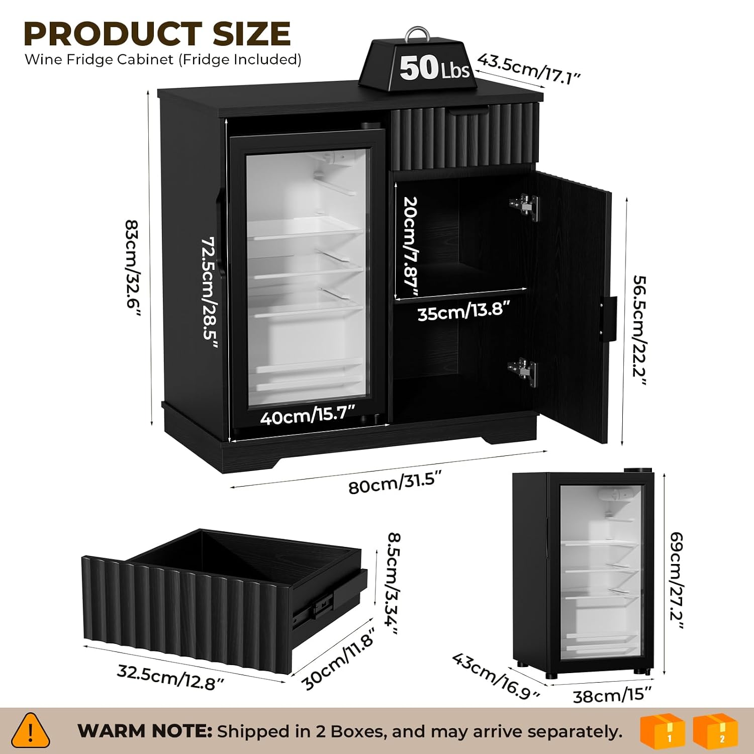 Home Bar And Fridge - Fluted Mini Fridge Cabinet (Fridge Included)